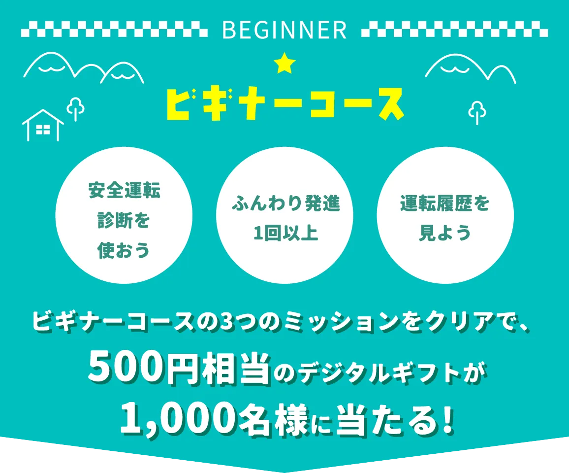ビギナーコース：ビギナーコースの3つのミッションをクリアで、500円相当のデジタルギフトが1,000名様に当たる!